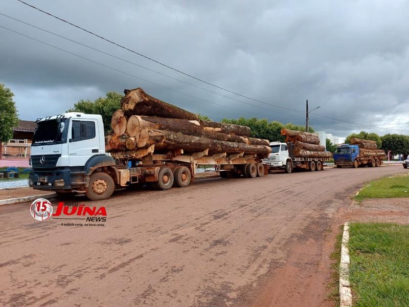 Três caminhões carregados com toras de madeiras são apreendidos pela Polícia Civil em Juína 