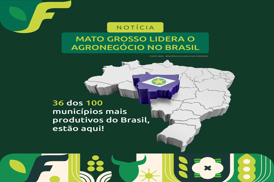 Mato Grosso lidera o agronegócio no Brasil: 36 dos 100 municípios mais produtivos estão no estado mato-grossense 