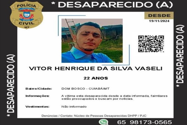 Família de Aripuanã busca jovem desaparecido em Cuiabá; Polícia Civil investiga o caso 