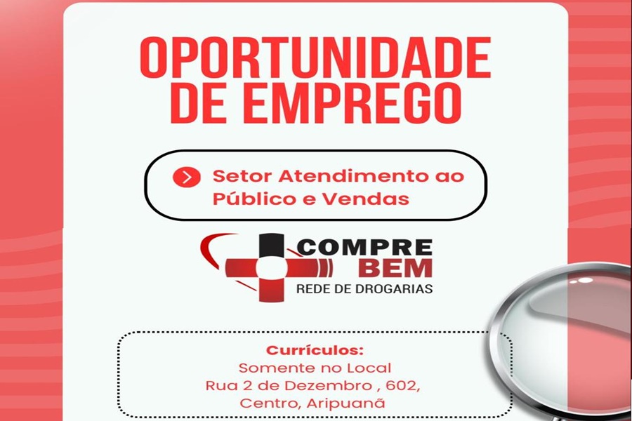 Rede de Drogarias Compre Bem abre vaga para atendente de farmácia em Aripuanã 