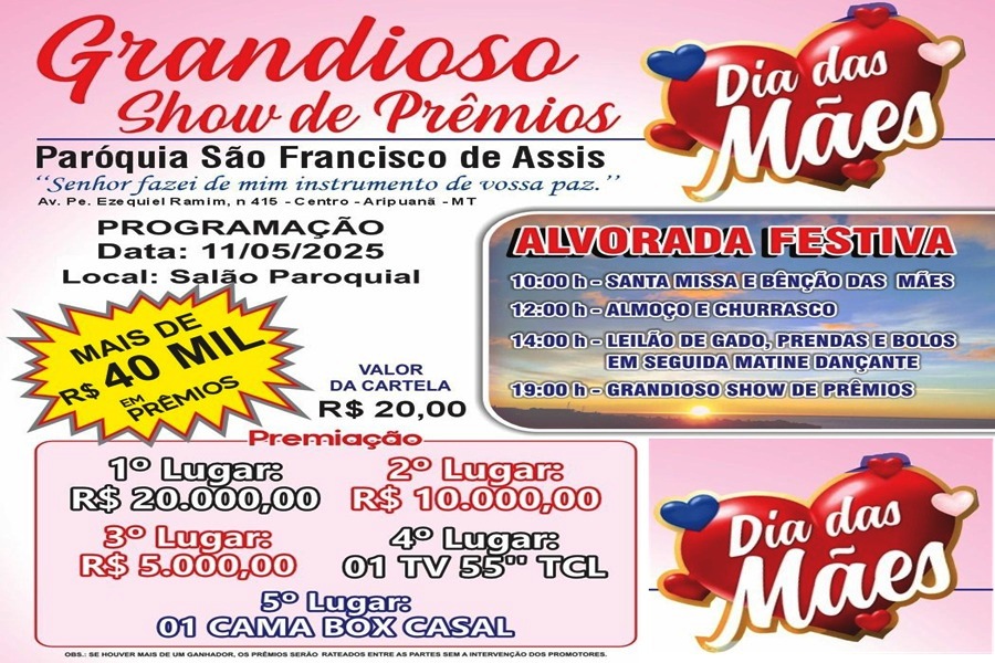 Paróquia São Francisco de Assis promove grande festa em homenagem ao Dia das Mães neste domingo em Aripuanã