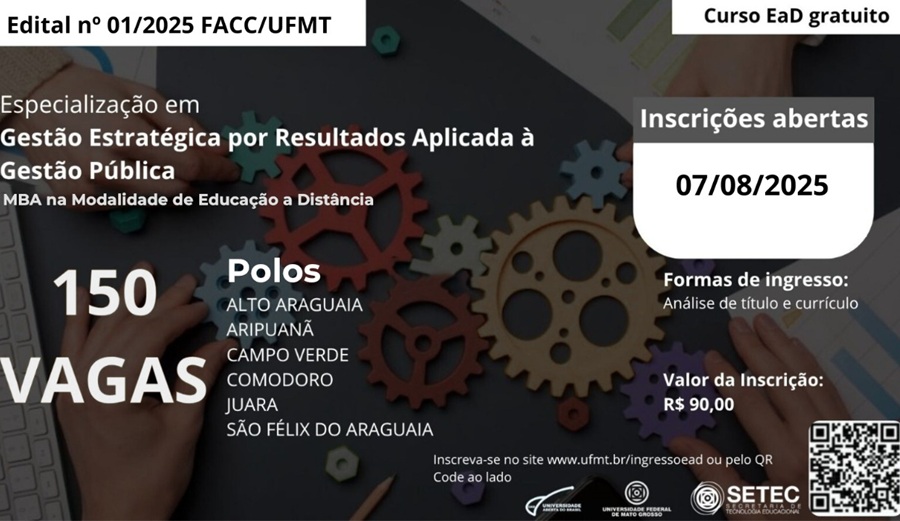 UFMT encerra nesta quinta (07) inscrições para especialização em Gestão Estratégica voltada ao setor público; Aripuanã tem 25 vagas 
