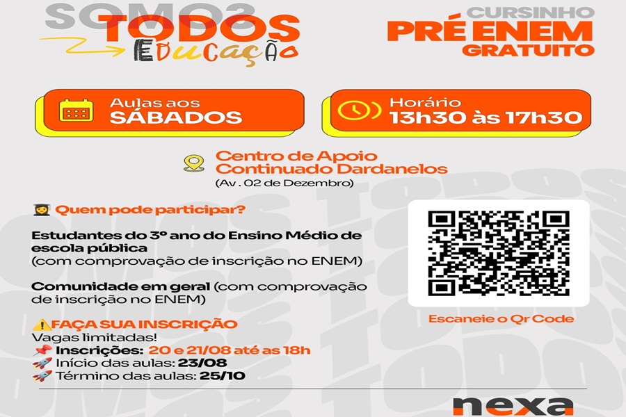 Cursinho gratuito pré-Enem abre inscrições nesta quarta (20) em Aripuanã 