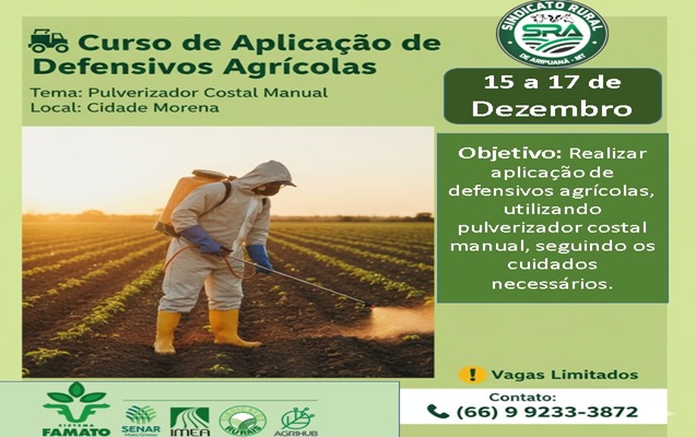 Sindicato Rural de Aripuanã abre inscrições para curso de aplicação de defensivos agrícolas com pulverizador costal manual 