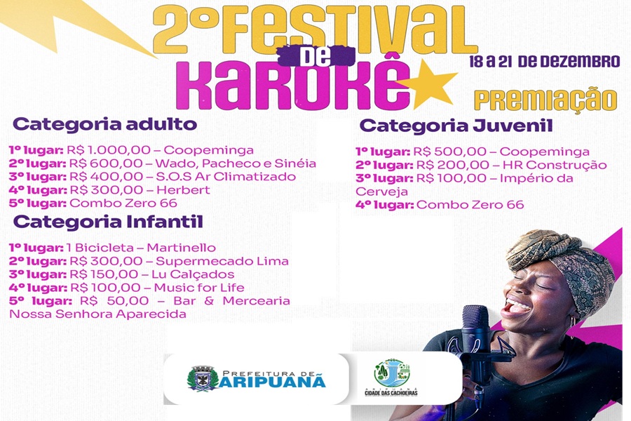 Aripuanã divulga premiação do 2º Festival de Karaokê; inscrições seguem até 16 de dezembro 