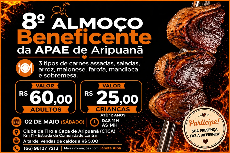 Almoço beneficente da APAE de Aripuanã será realizado neste sábado (02) com foco em arrecadação para manutenção das atividades 