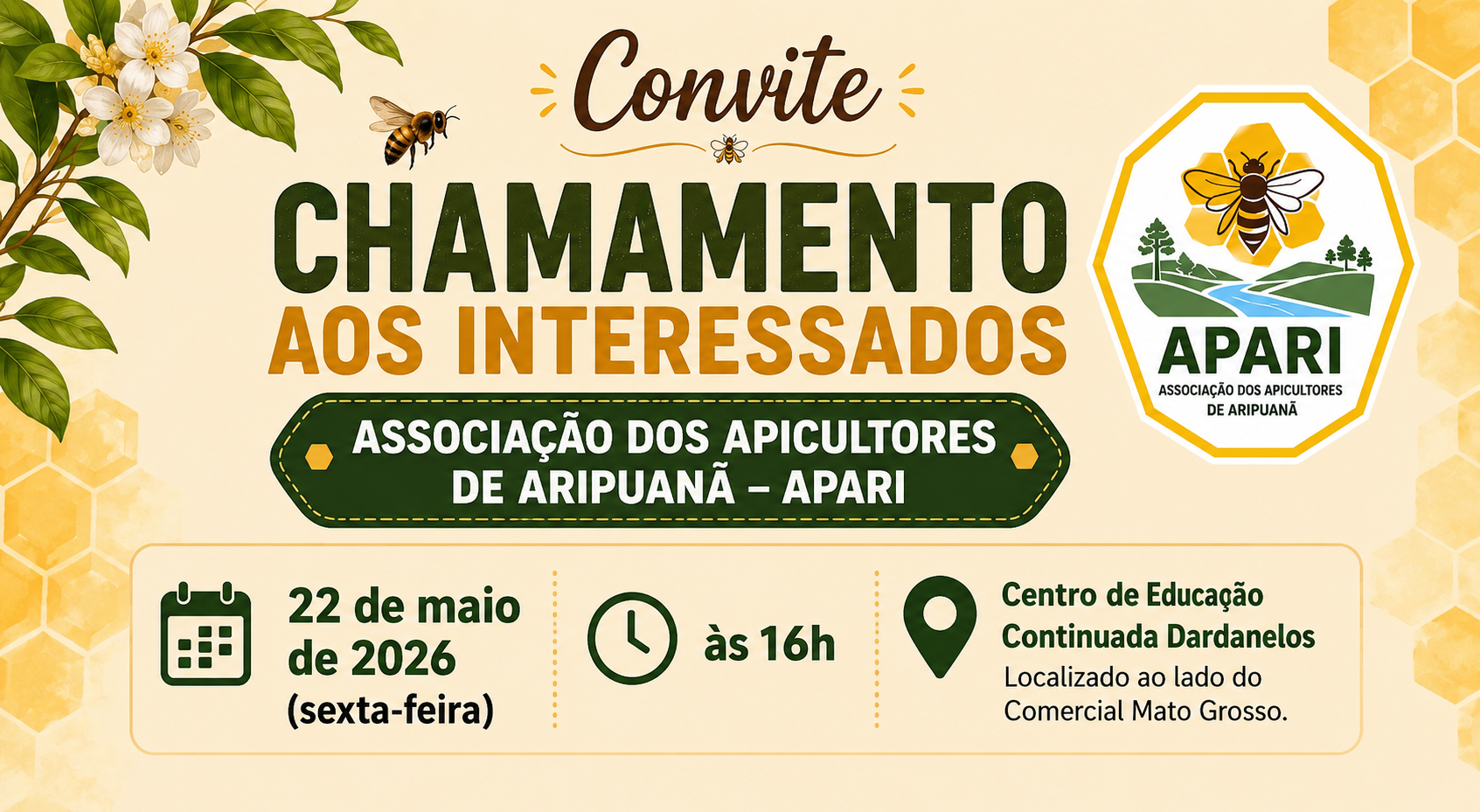 APARI convoca apicultores de Aripuanã para Assembleia Geral e eleição de diretoria provisória 