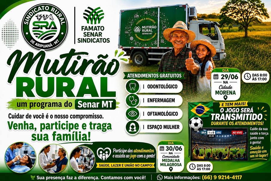 Mutirão Rural levará atendimentos gratuitos de saúde às comunidades rurais de Aripuanã nos dias 29 e 30 de junho 