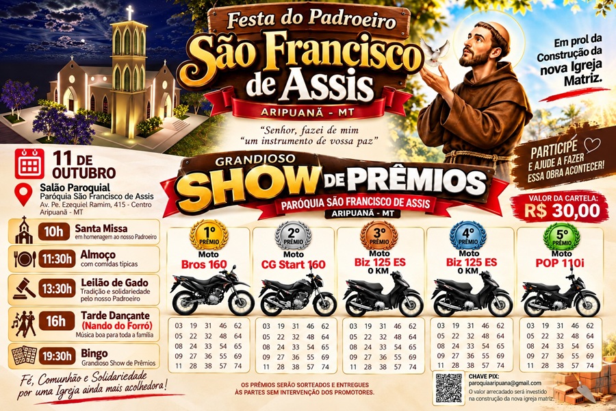 Festa do Padroeiro de Aripuanã terá cinco motos no bingo em prol da construção da nova Matriz 