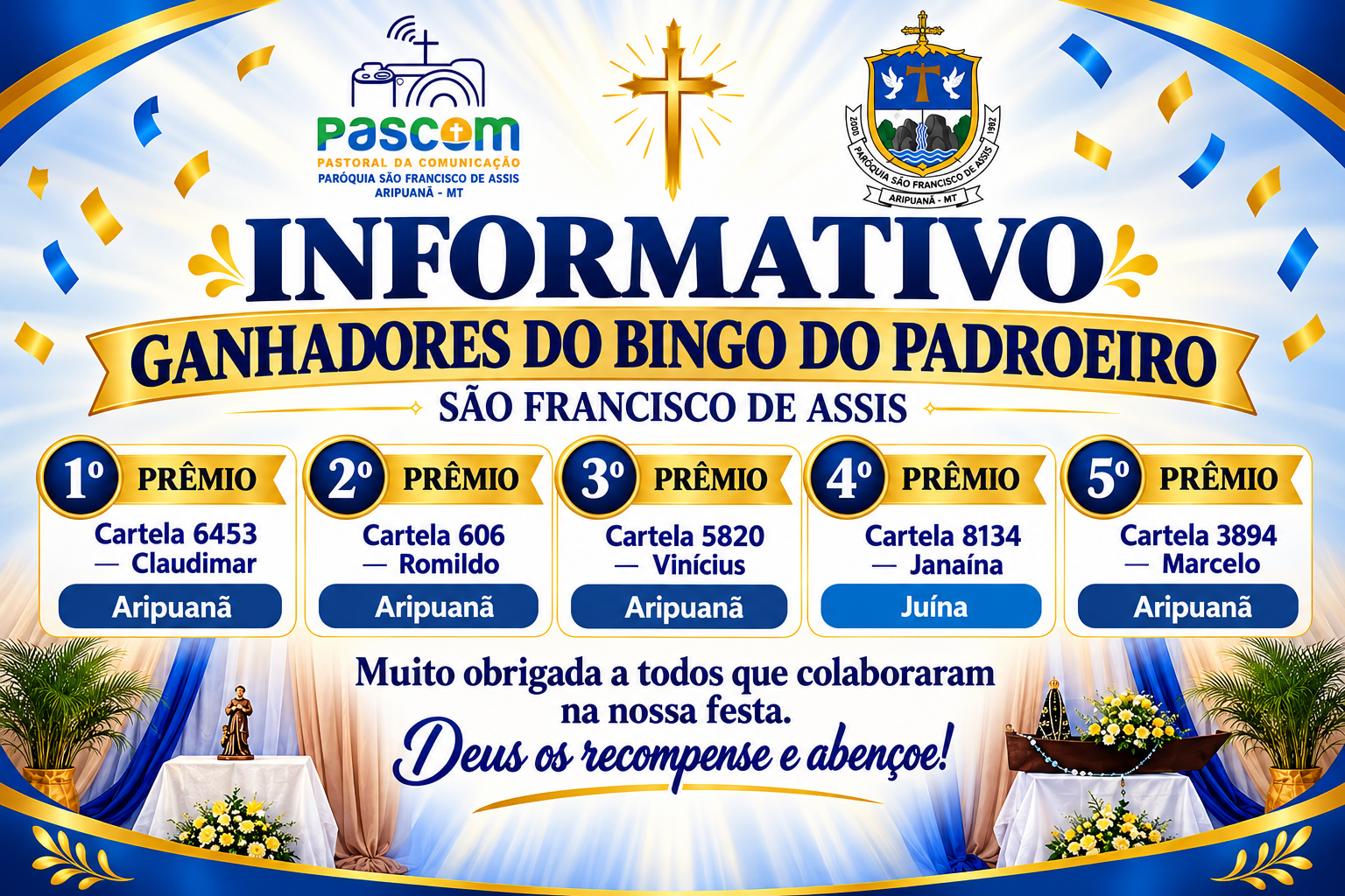 Paróquia São Francisco de Assis divulga ganhadores do bingo do padroeiro realizado em Aripuanã 